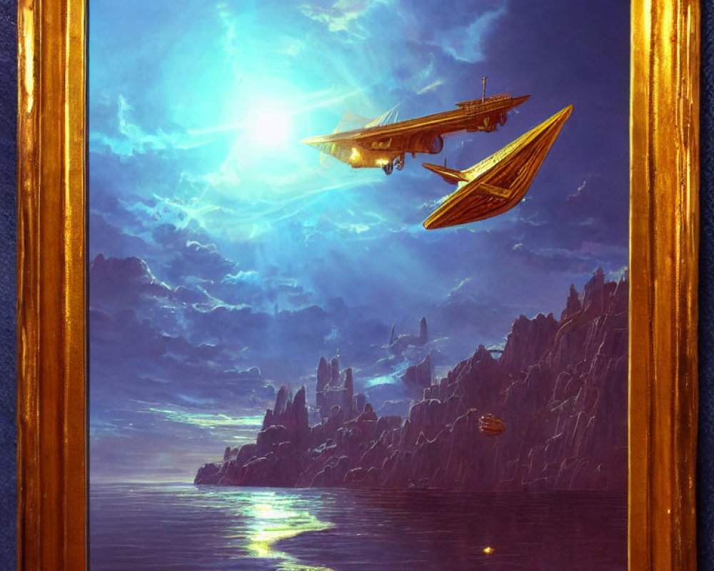 Fantastical painting of flying ships over rugged coastline in golden frame