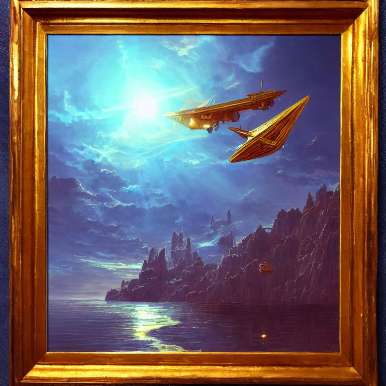 Fantastical painting of flying ships over rugged coastline in golden frame
