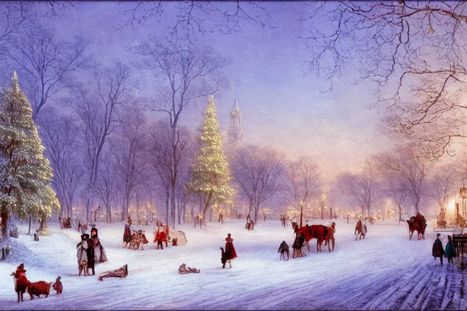Winter Park Scene with Ice Skating, Sleds, and Christmas Trees at Dusk
