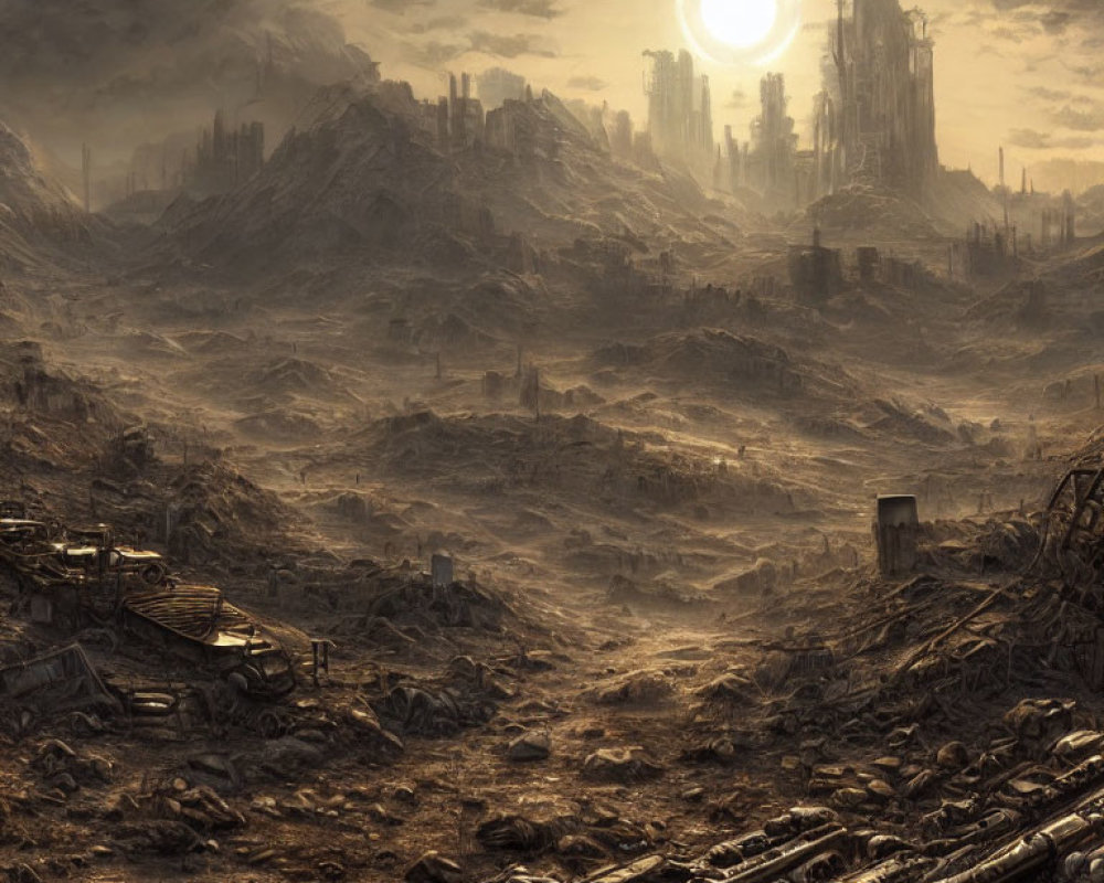 Desolate landscape with ruins and debris under ominous sun