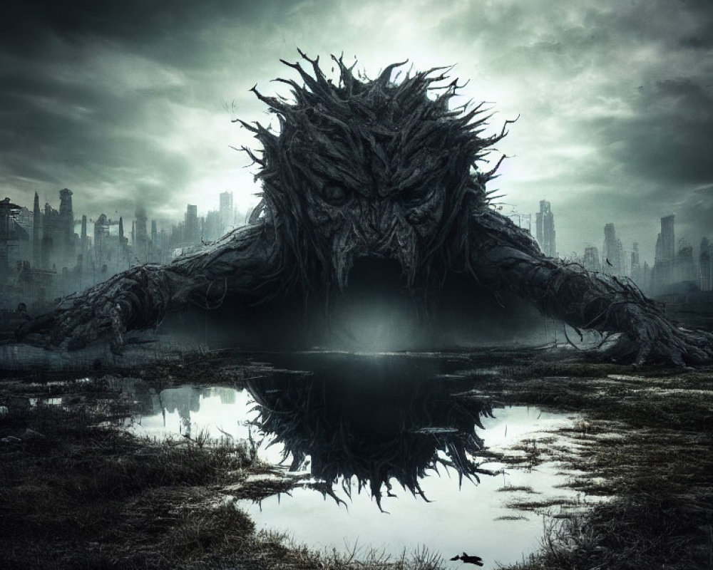 Menacing tree-like creature in dark cityscape with water