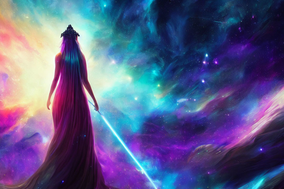 Mystical figure with light staff gazes at cosmic nebula swirls