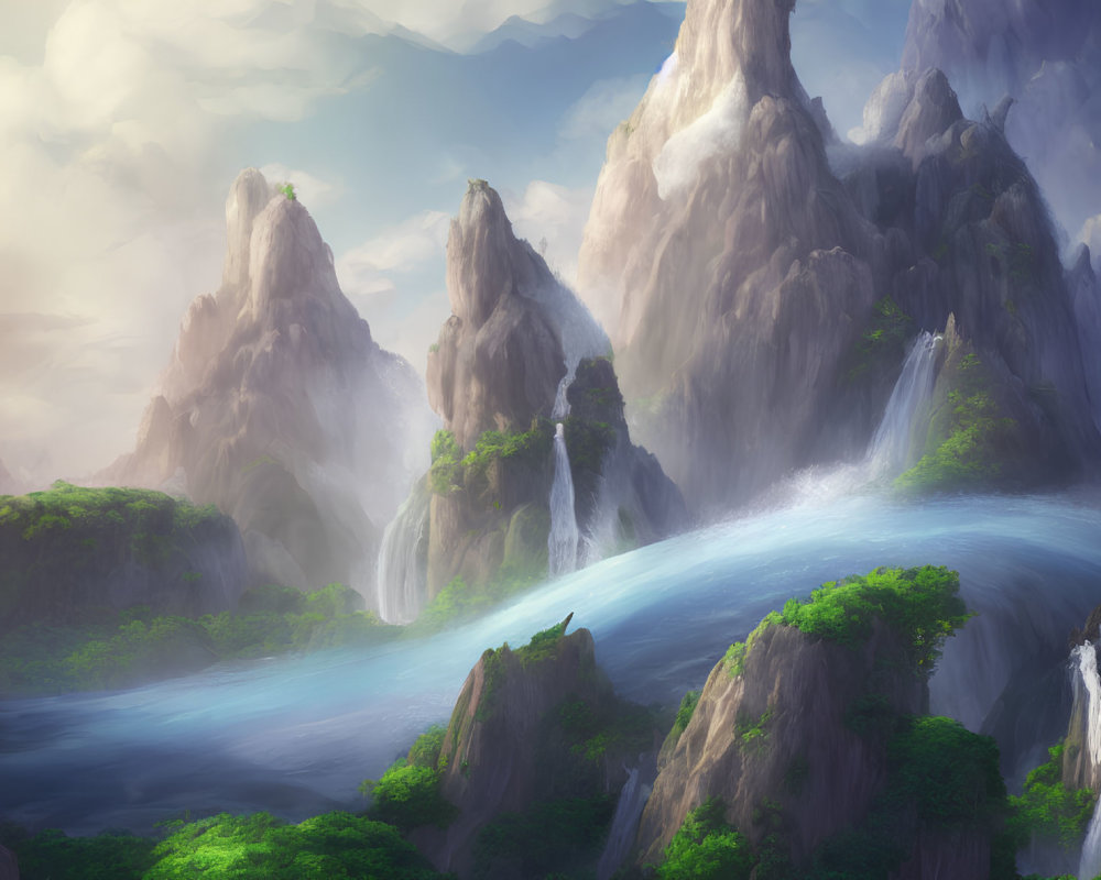 Tranquil river with serene waterfalls in lush mountain landscape