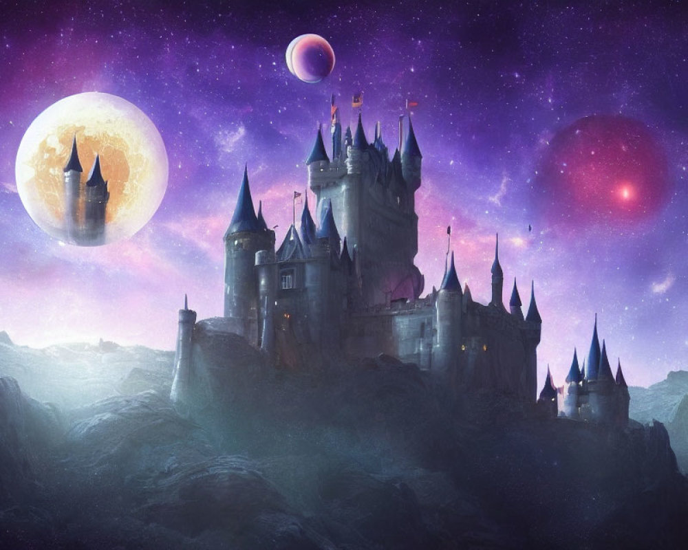 Fantastical castle on craggy cliff under starry sky with oversized planets and moon.