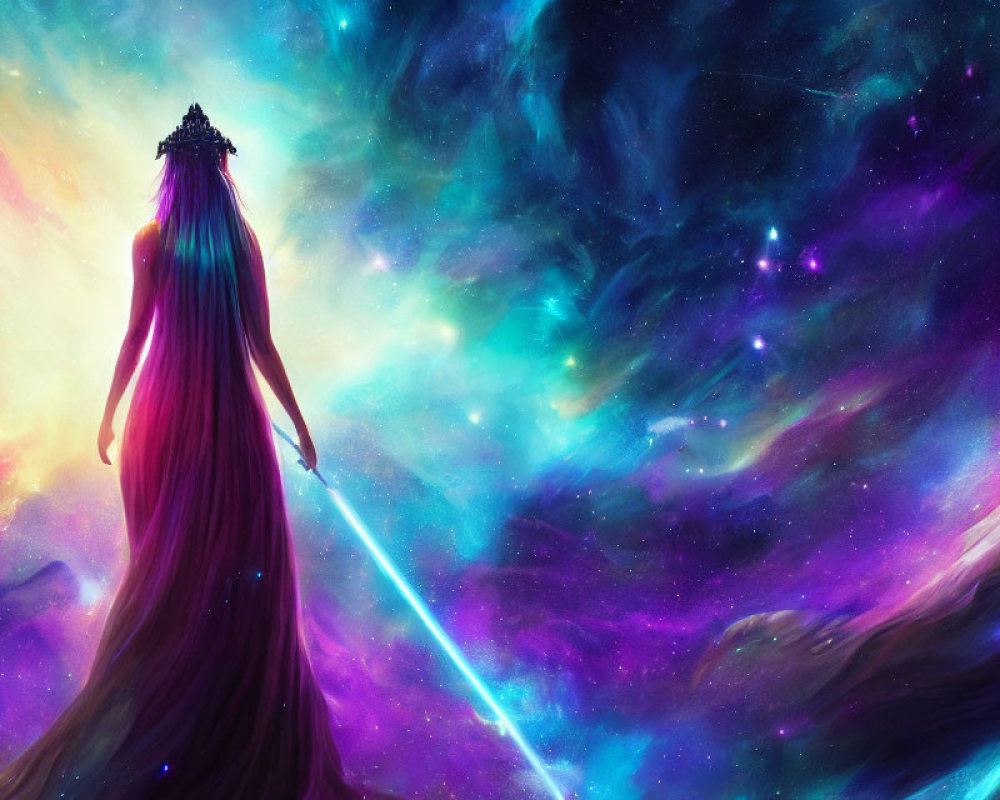 Mystical figure with light staff gazes at cosmic nebula swirls