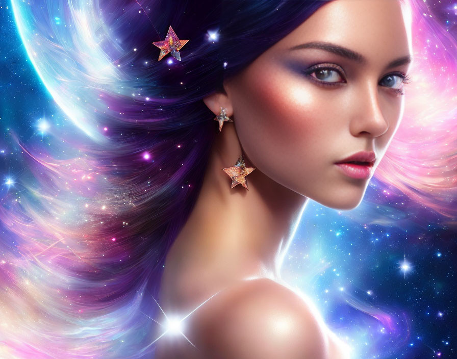 Vibrant digital portrait of woman with cosmic-themed hair and starry nebula background