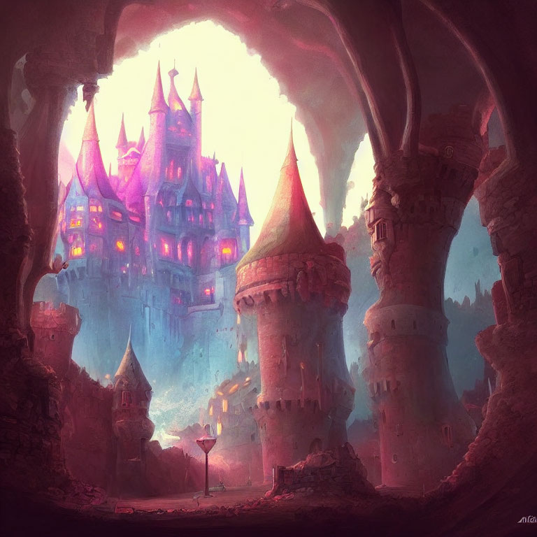 Mystical castle with pink and purple lights in magical cavernous setting