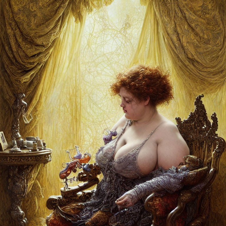 Red-haired woman in ornate chair with purple object, old phone, and candelabra.