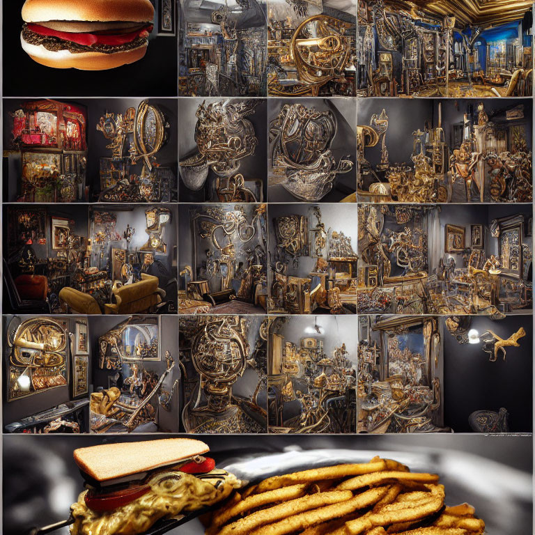 Steampunk-style interiors, mechanical devices, and food items collage.