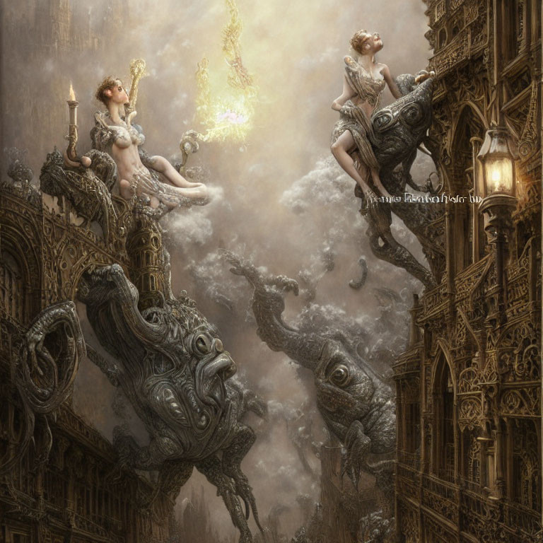 Artistic depiction of winged women on elephant-headed flying structures above gothic backdrop