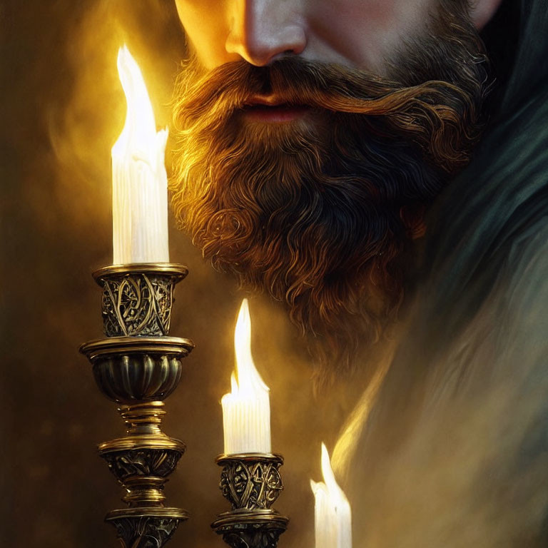 Bearded man in soft lighting with candles in ornate holders