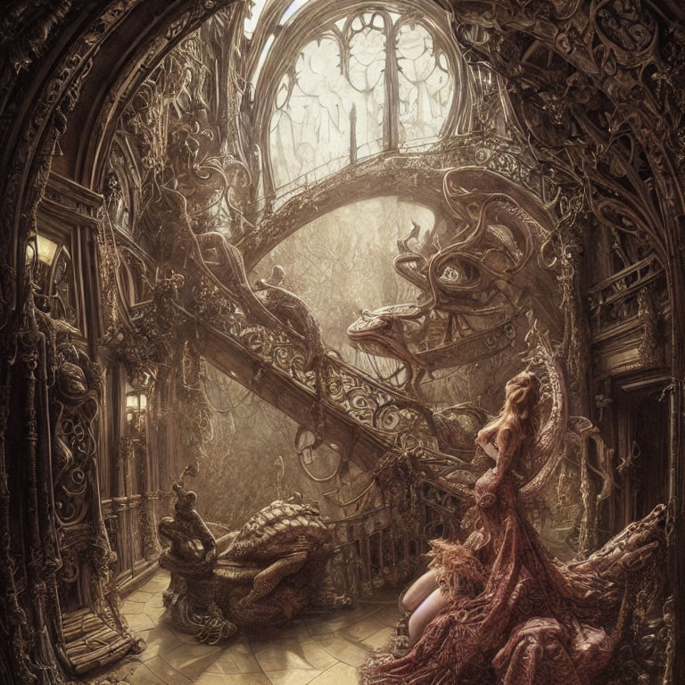Elaborate Gothic interior with woman in flowing dress by grand staircase