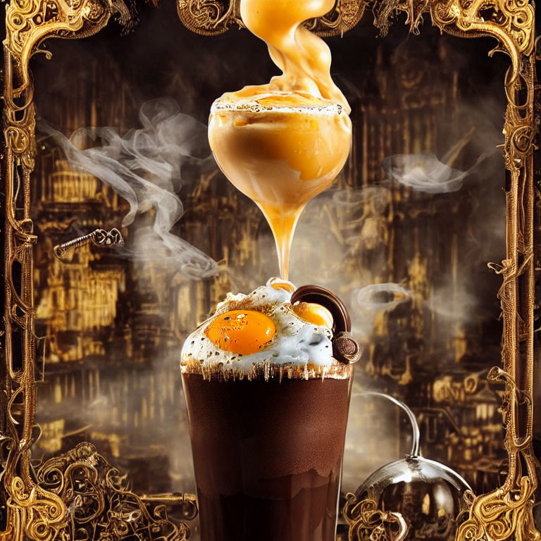 Surrealist image: Coffee cup with egg, steam, caramel
