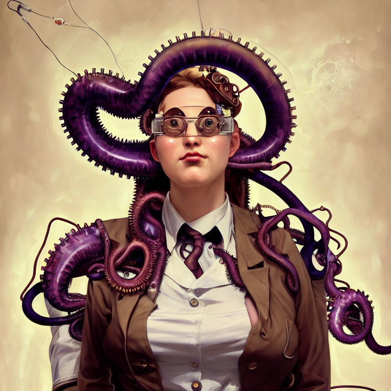 Steampunk-inspired illustration of person with tentacles for hair wearing goggles and brown jacket