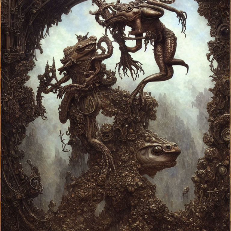 Surreal Frog-Like Creatures in Ornate Mechanical Forest