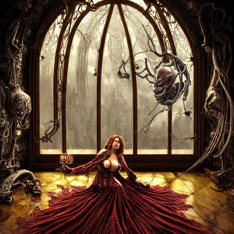 Woman in Red Dress Surrounded by Fantastical Creatures and Gothic Window