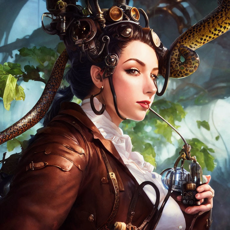 Steampunk-inspired woman with mechanical headset, goggles, pipe, leopard, and jungle foliage.