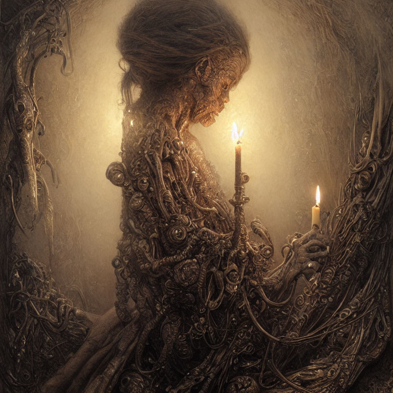 Aged figure holding lit candle in ornate sepia-toned scene