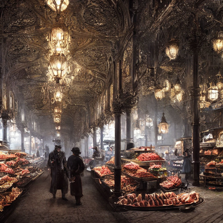 Ornate Market Hall with Chandeliers, Vendors, and Shoppers