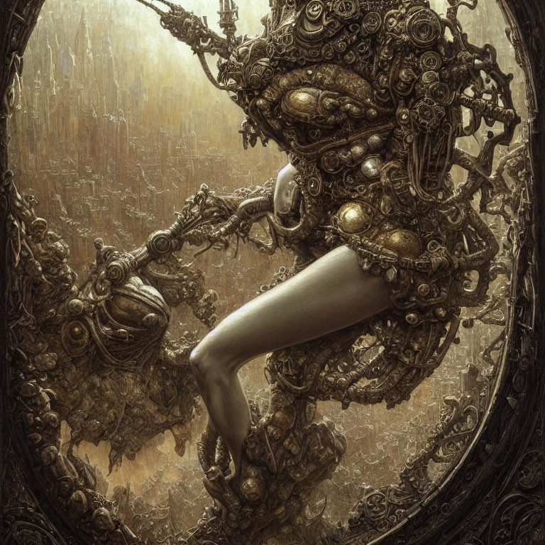 Surreal steampunk-style humanoid figure with mechanical torso in ornate background