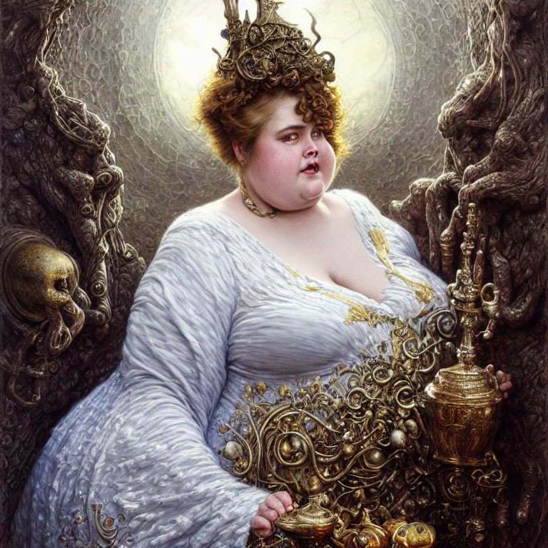 Regal woman in ornate white gown on throne with golden artifact
