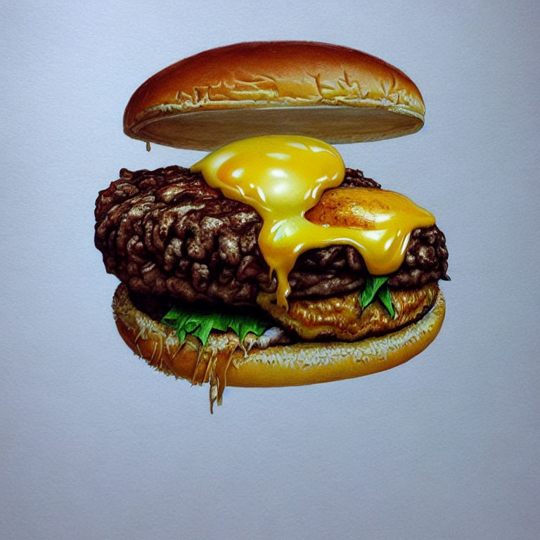 Cheeseburger illustration with melted cheese, beef patty, lettuce, and toasted bun