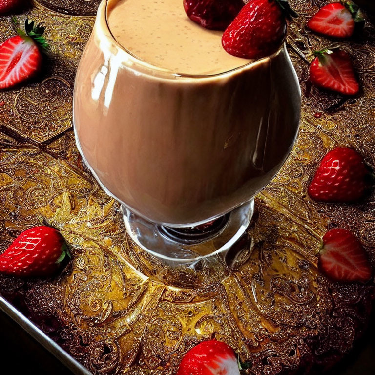 Creamy Chocolate Smoothie with Fresh Strawberries on Ornate Golden Tray