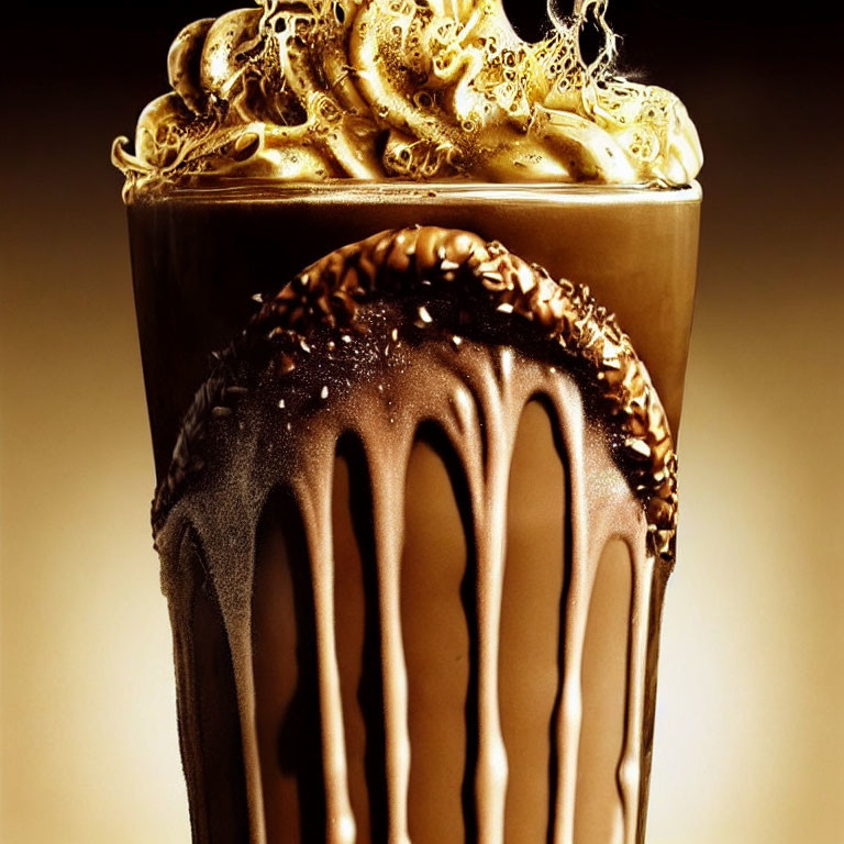 Decadent chocolate milkshake with whipped cream and syrup in tall glass