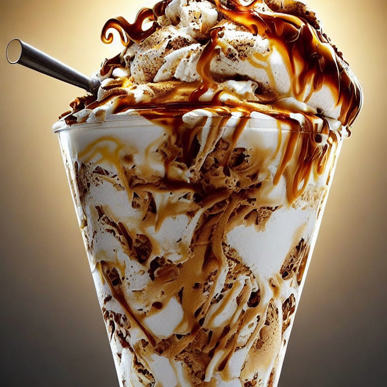 Delicious ice cream sundae with caramel swirls and chocolate drizzle