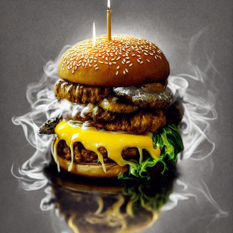 Smoky cheeseburger with multiple beef patties, cheese, lettuce, and sesame bun on reflective surface