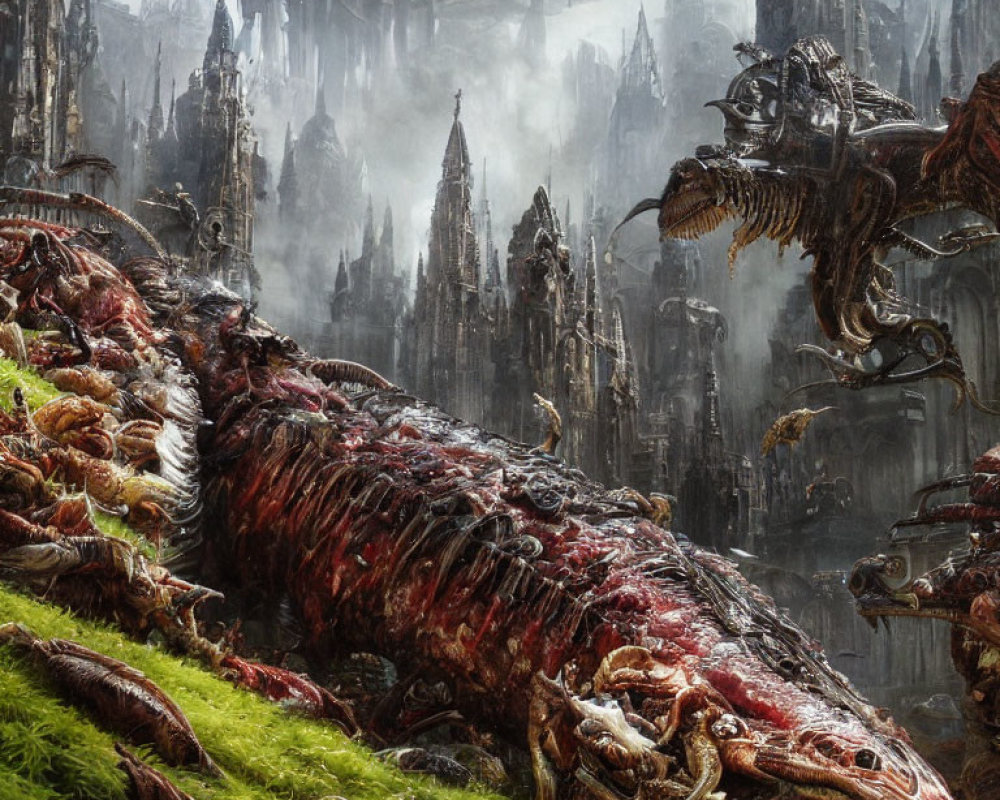 Decaying dragon corpse in dark fantasy landscape