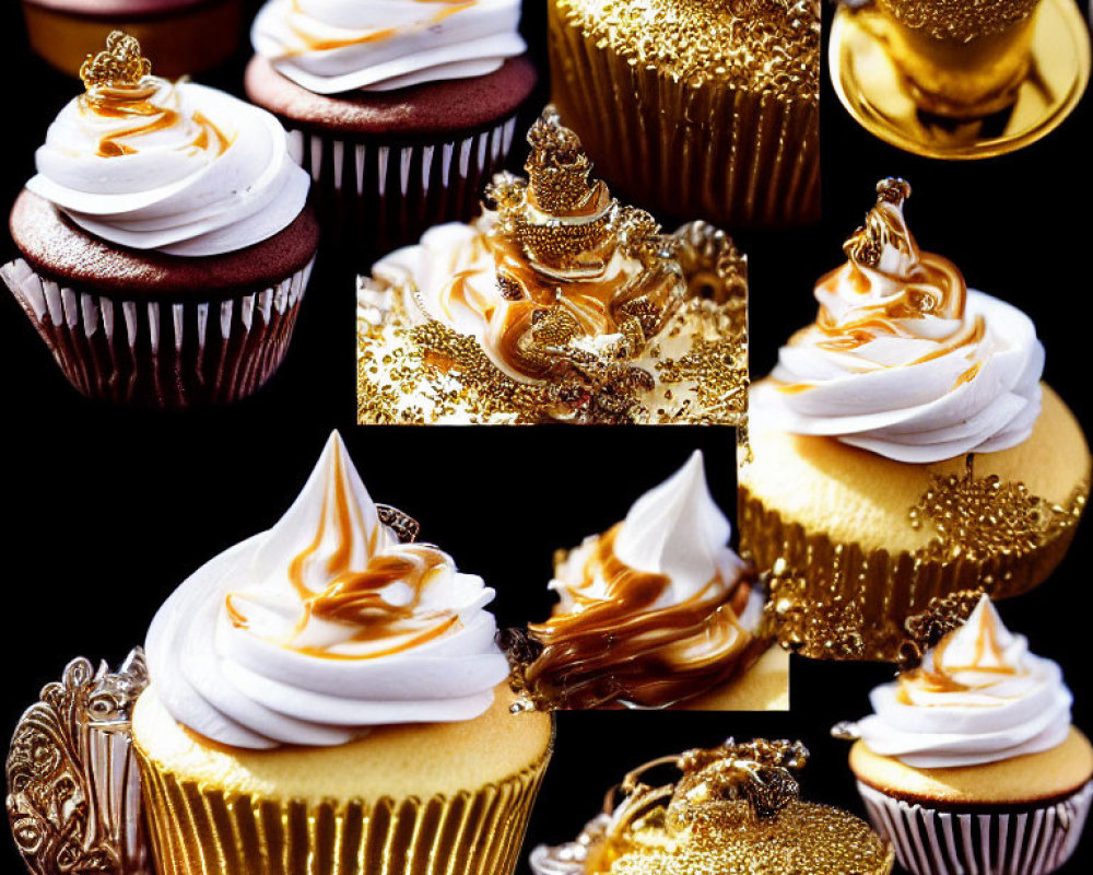 Luxurious Cupcakes with Golden Embellishments and Caramel Drizzle