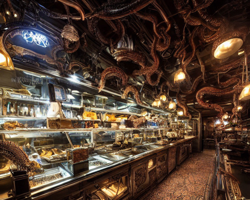 Steampunk-themed pastry shop with octopus tentacles, metalwork, vintage lighting.