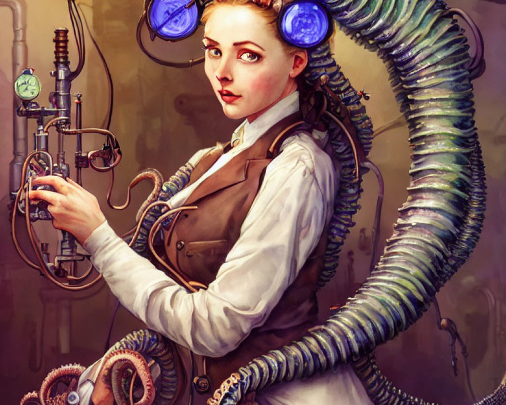 Steampunk-themed illustration of a woman with mechanical headgear and goggles