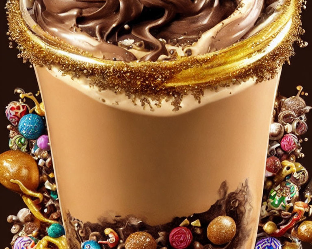 Decadent chocolate milkshake with gold glitter and candies
