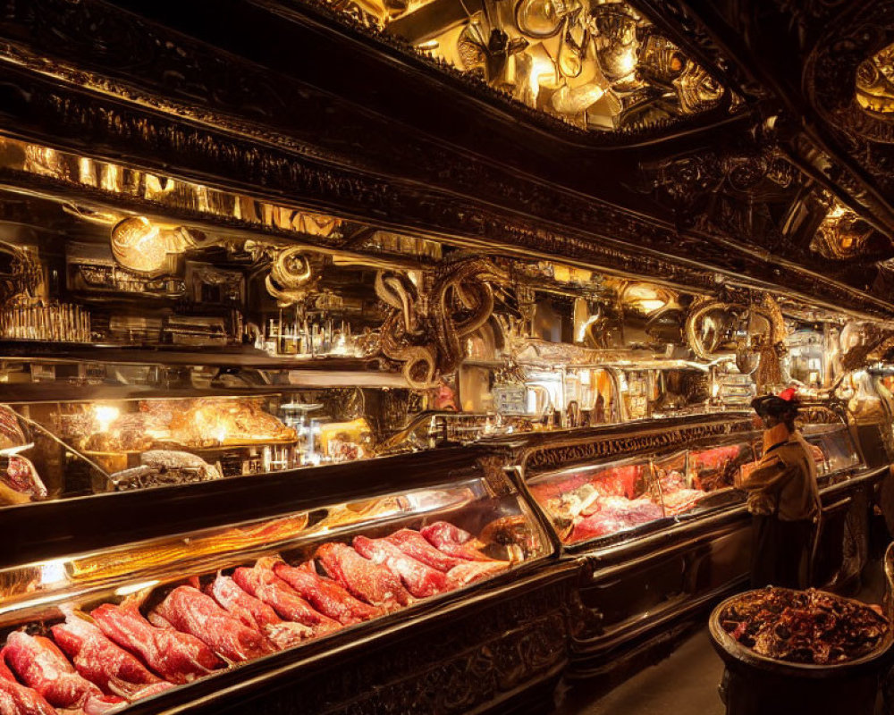 Luxurious Butcher's Shop with Rich Decor, Various Meats, and Customer Being Served