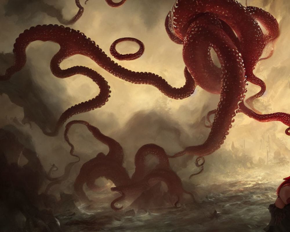 Giant red octopus and small figure in desolate landscape