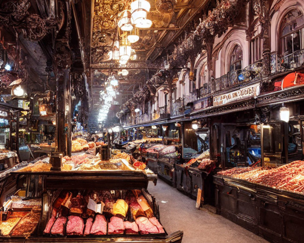 Indoor Market with Ornate Decor and Meat Displays