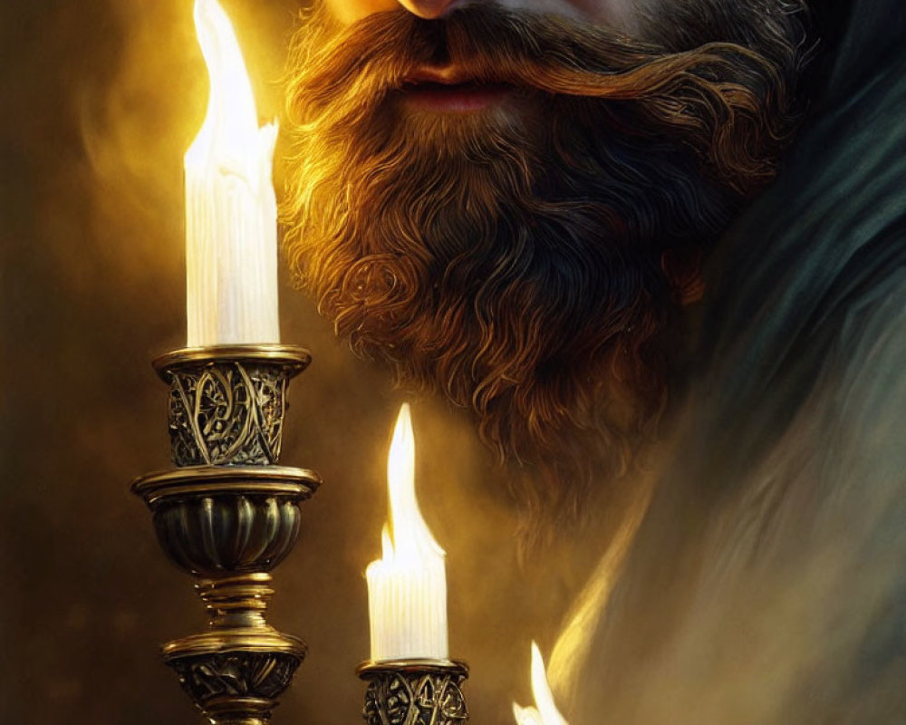 Bearded man in soft lighting with candles in ornate holders