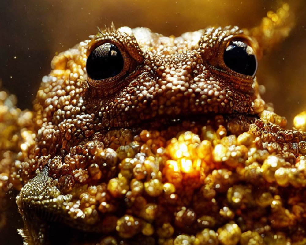 Detailed close-up of textured toad face with large glossy eyes on golden backdrop