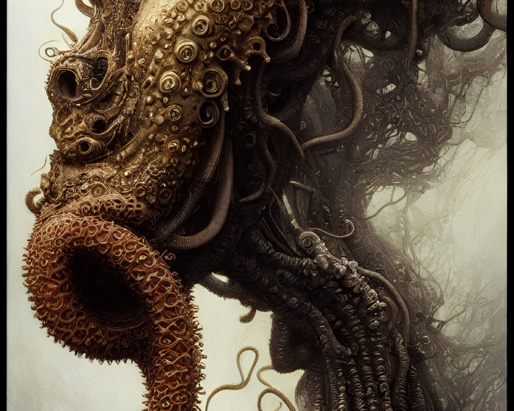Detailed tentacled creature in misty backdrop with intricate textures.