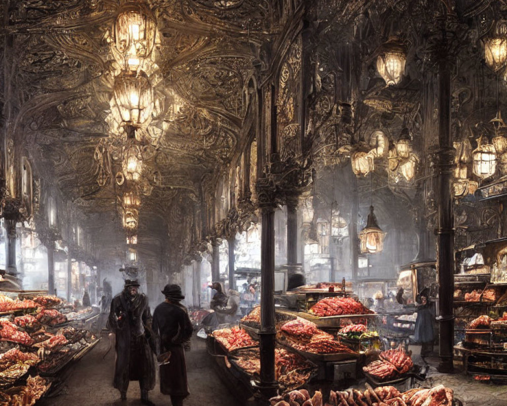 Ornate Market Hall with Chandeliers, Vendors, and Shoppers