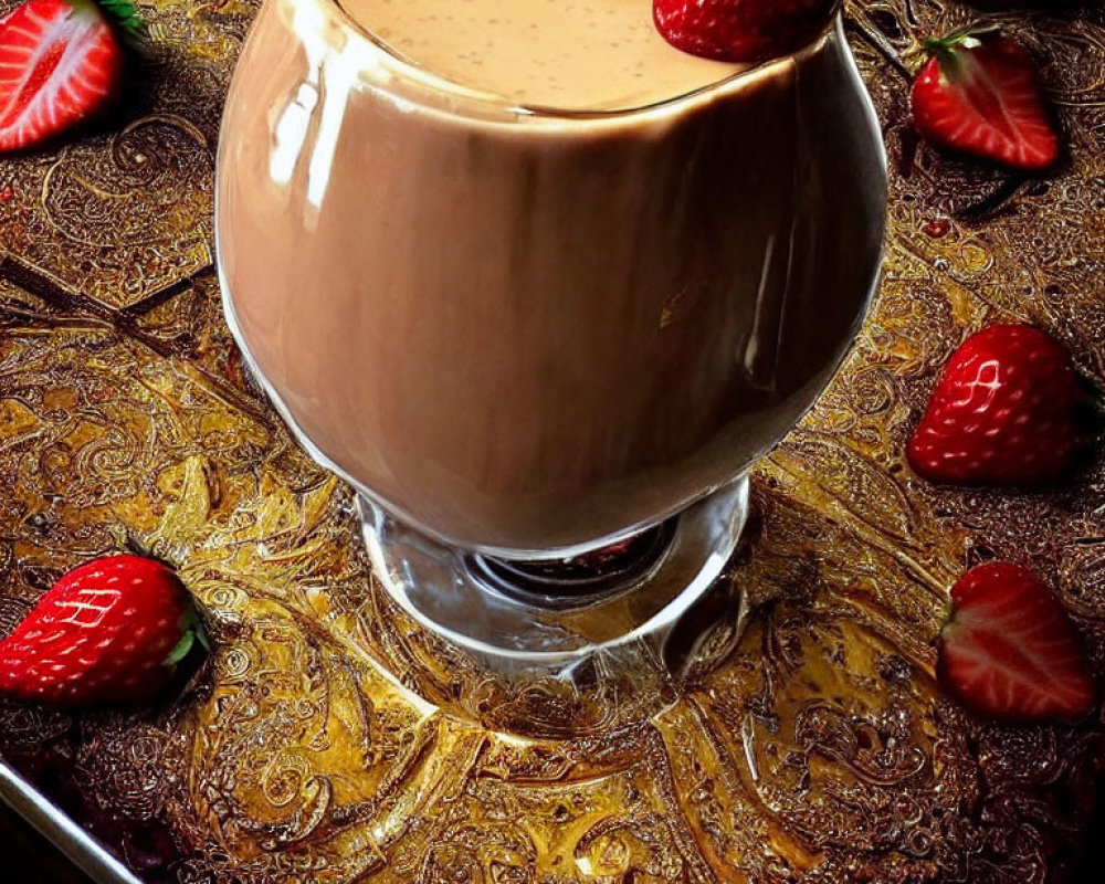 Creamy Chocolate Smoothie with Fresh Strawberries on Ornate Golden Tray