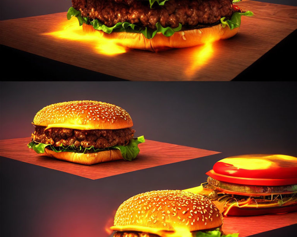 Three glowing edge burger images on dark background.