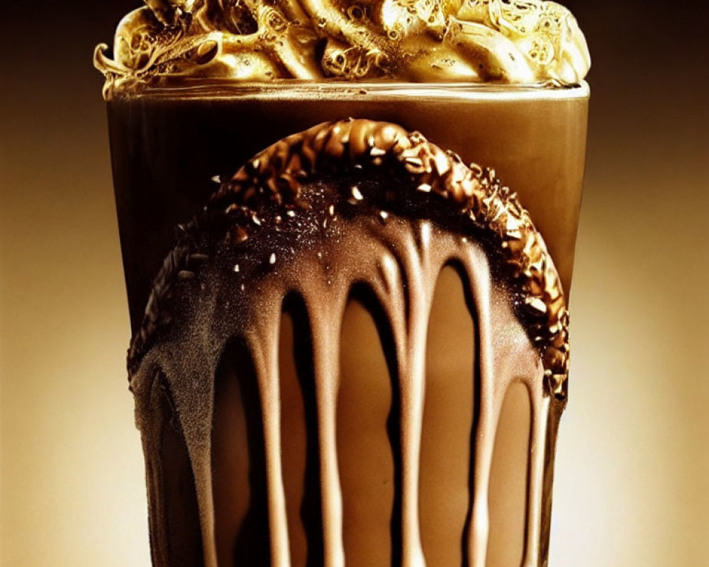 Decadent chocolate milkshake with whipped cream and syrup in tall glass