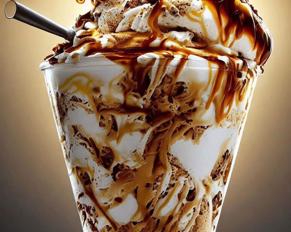 Delicious ice cream sundae with caramel swirls and chocolate drizzle