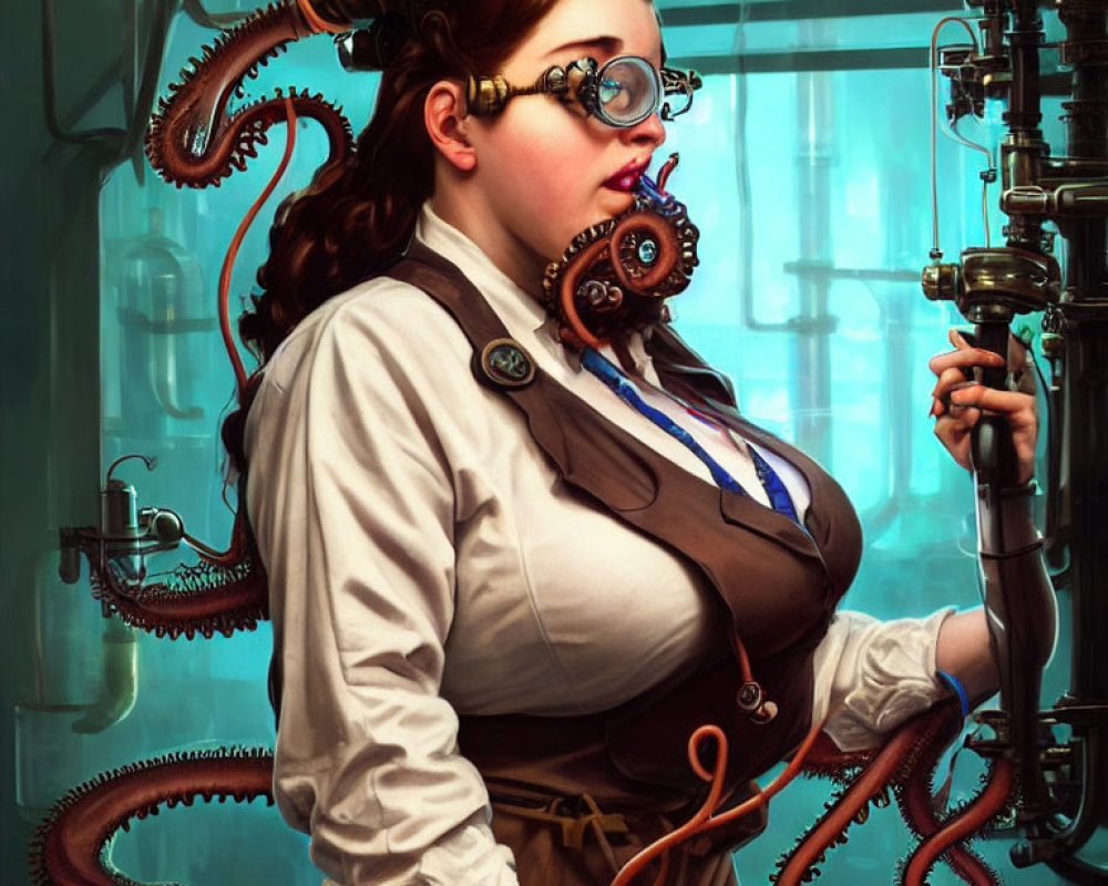 Steampunk woman with goggles and mechanical octopus arm in industrial setting.