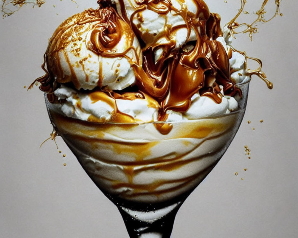 Decadent sundae with vanilla ice cream, whipped cream, and caramel sauce in glass cup