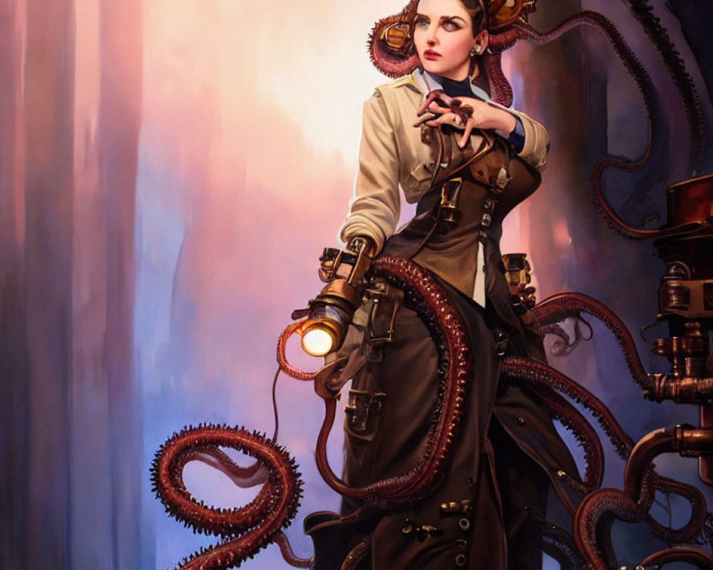 Steampunk-themed woman with mechanical tentacles and lantern on purple backdrop