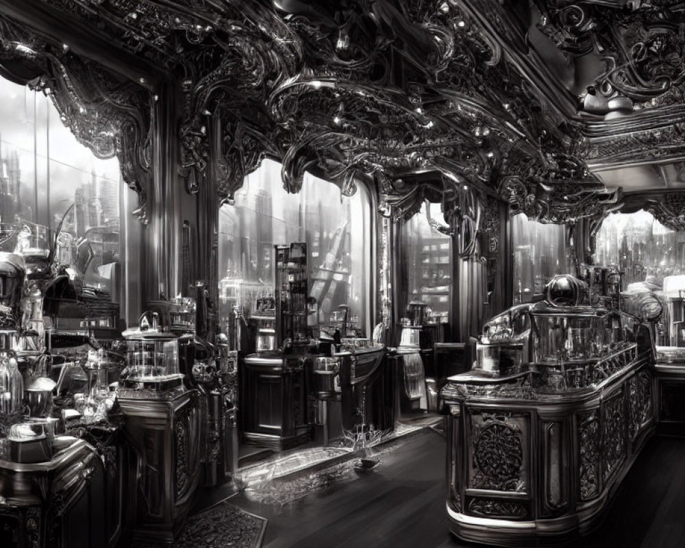 Opulent Baroque black-and-white interior with reflective surfaces